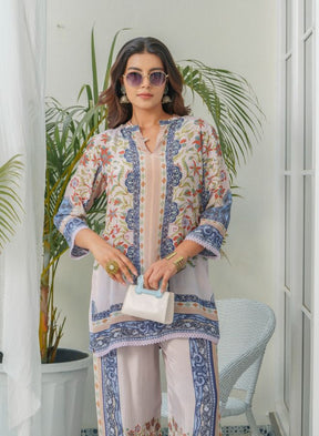 Elegant White & Blue Floral Co-Ord Set