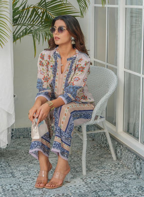 Elegant White & Blue Floral Co-Ord Set
