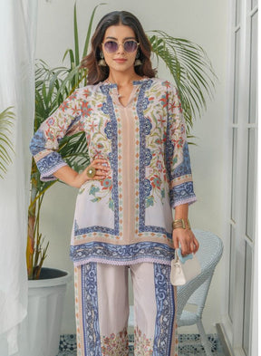 Elegant White & Blue Floral Co-Ord Set
