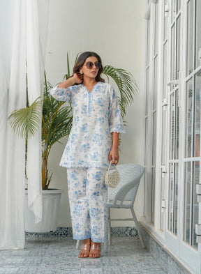 Elegant White & Blue Floral Embroidered Summer Set