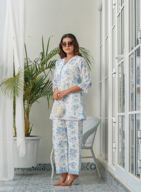 Elegant White & Blue Floral Embroidered Summer Set