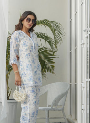 Elegant White & Blue Floral Embroidered Summer Set