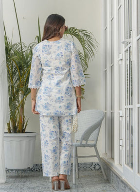 Elegant White & Blue Floral Embroidered Summer Set