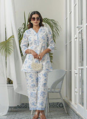Elegant White & Blue Floral Embroidered Summer Set