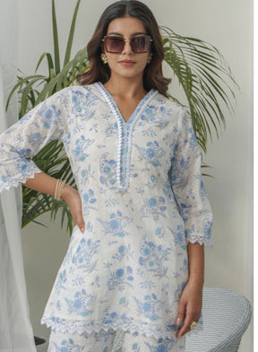 Elegant White & Blue Floral Embroidered Summer Set