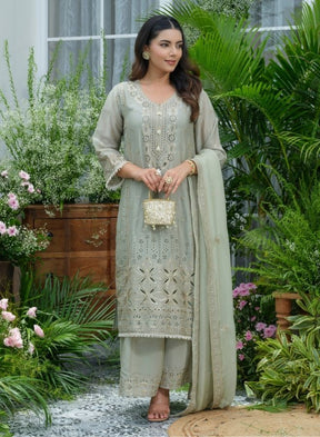 Elegant Sage Green Chikankari-Style Kurta Set
