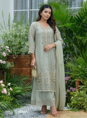Elegant Sage Green Chikankari-Style Kurta Set