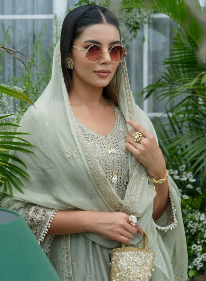 Elegant Sage Green Chikankari-Style Kurta Set