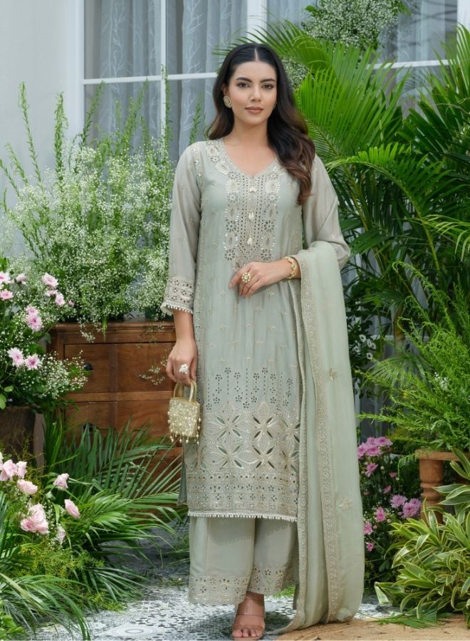 Elegant Sage Green Chikankari-Style Kurta Set