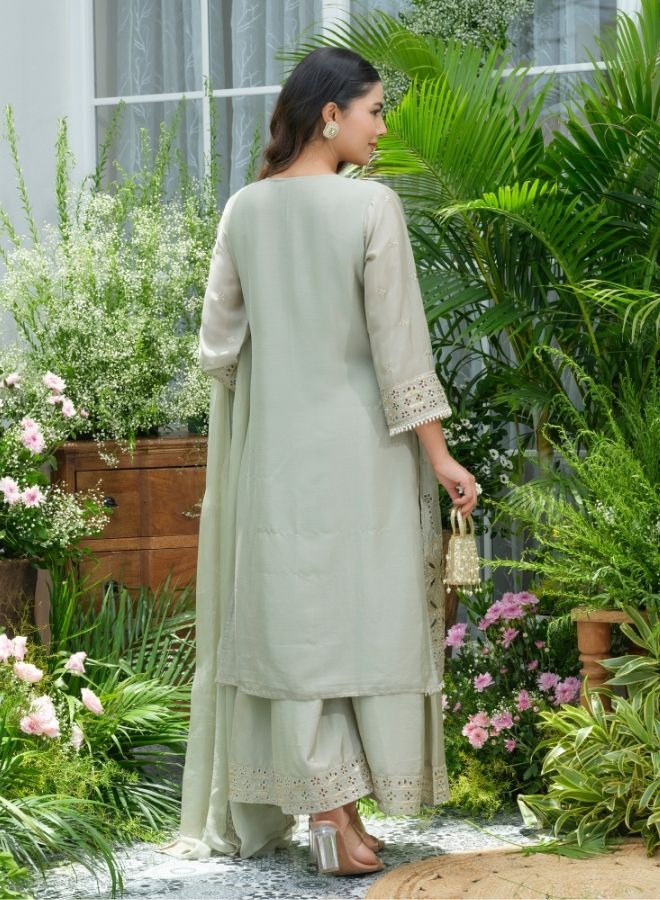 Elegant Sage Green Chikankari-Style Kurta Set
