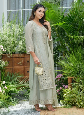 Elegant Sage Green Chikankari-Style Kurta Set