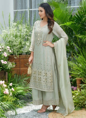 Elegant Sage Green Chikankari-Style Kurta Set