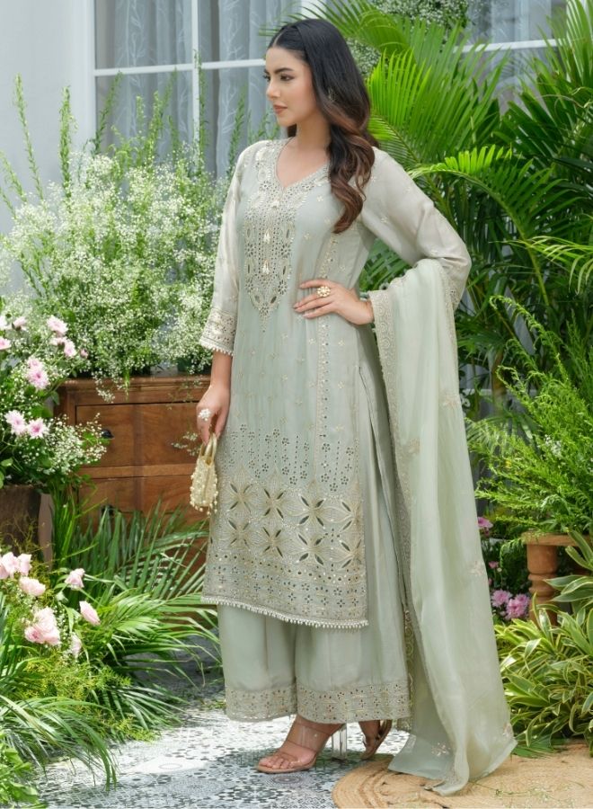 Elegant Sage Green Chikankari-Style Kurta Set