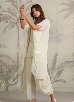 Cream Embroidered Cape Sleeve Kurta Set