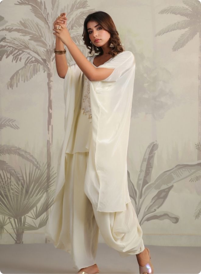 Cream Embroidered Cape Sleeve Kurta Set