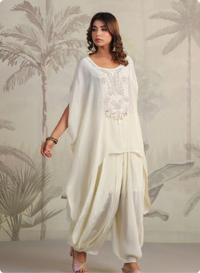 Cream Embroidered Cape Sleeve Kurta Set