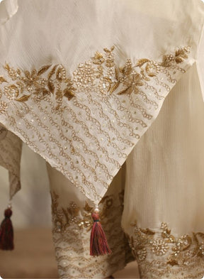 Cream Embroidered Flared Kurta Set
