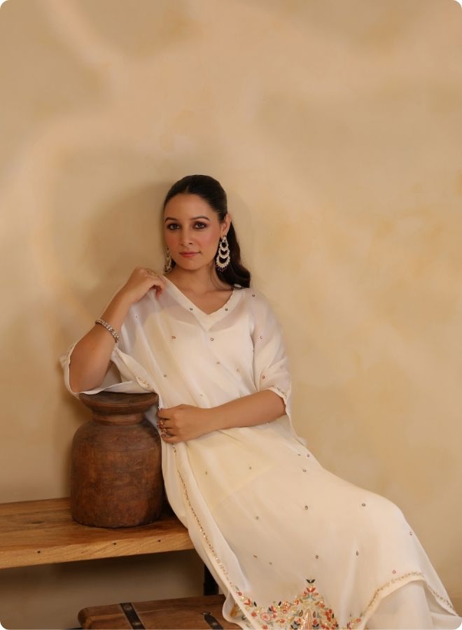 Off White Shimmer Batwing Kurta Set