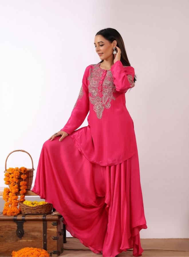 Fuchsia Pink Embroidered Sharara Set