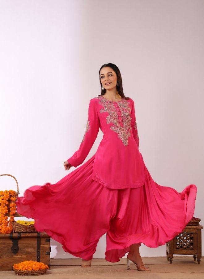 Fuchsia Pink Embroidered Sharara Set