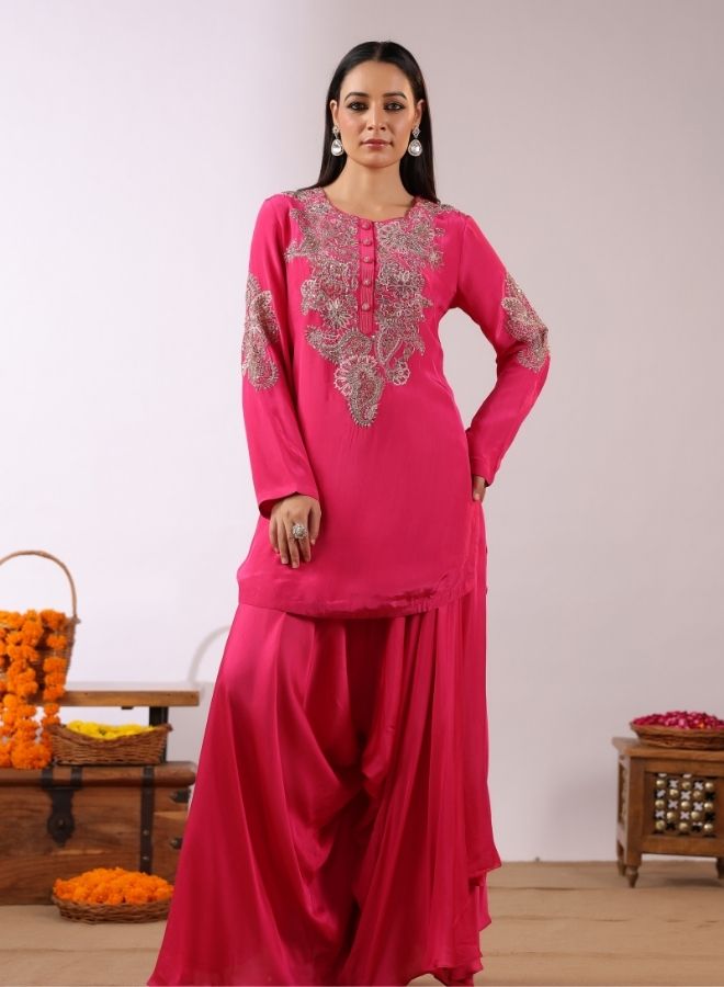 Fuchsia Pink Embroidered Sharara Set