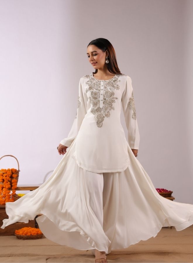 Ivory White Embroidered Sharara Set