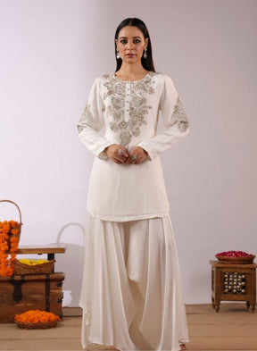 Ivory White Embroidered Sharara Set