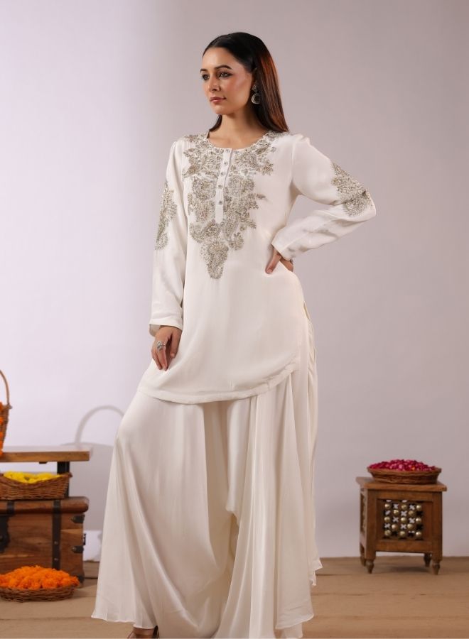 Ivory White Embroidered Sharara Set