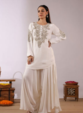 Ivory White Embroidered Sharara Set