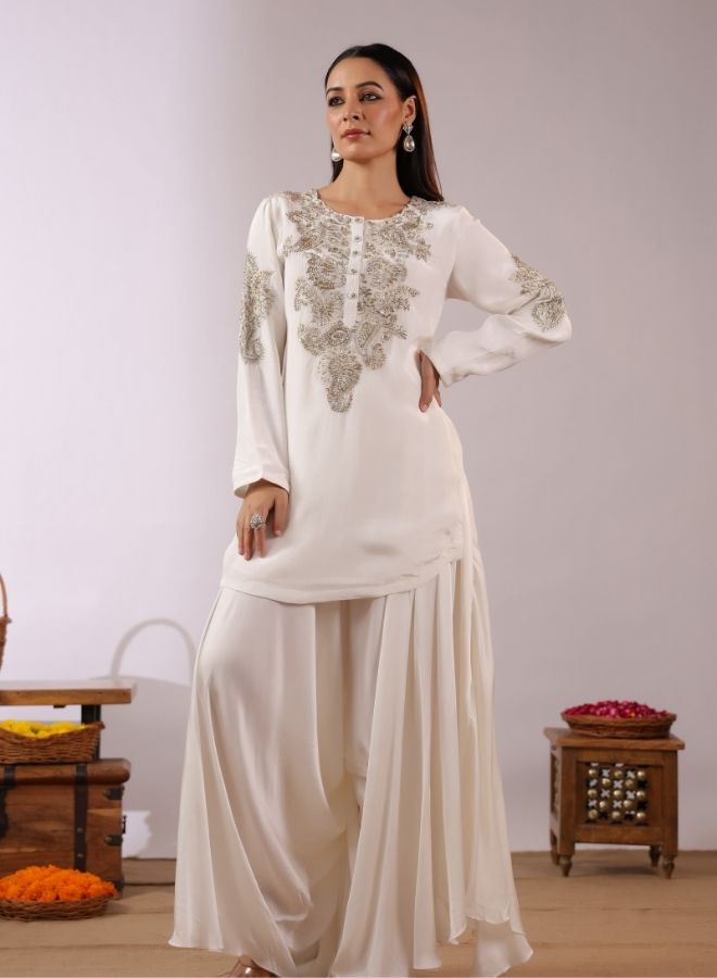 Ivory White Embroidered Sharara Set
