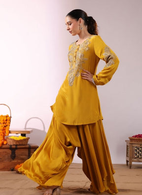 Embroidered Mustard Yellow Kurta with Drape Garara/Sharara