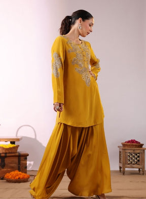 Embroidered Mustard Yellow Kurta with Drape Garara/Sharara