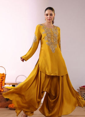 Embroidered Mustard Yellow Kurta with Drape Garara/Sharara
