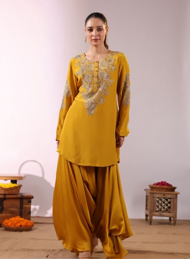 Embroidered Mustard Yellow Kurta with Drape Garara/Sharara
