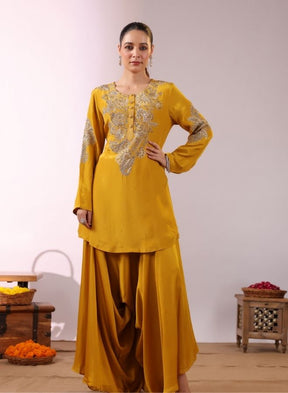 Embroidered Mustard Yellow Kurta with Drape Garara/Sharara