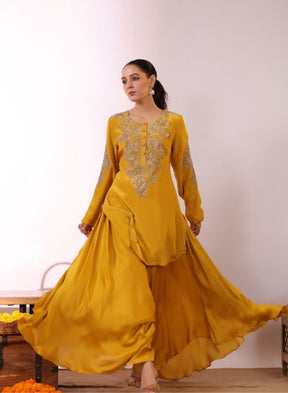 Embroidered Mustard Yellow Kurta with Drape Garara/Sharara