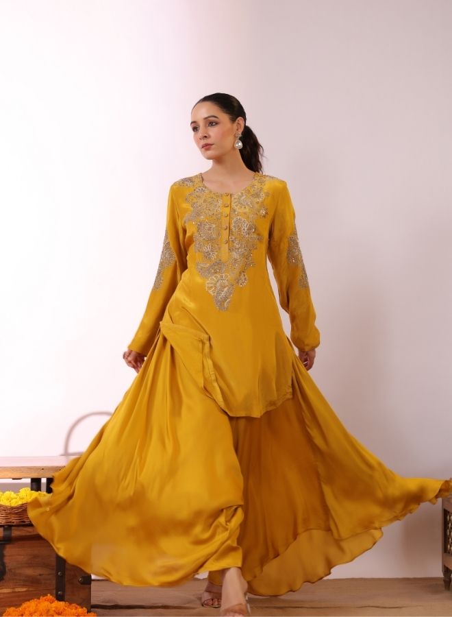 Embroidered Mustard Yellow Kurta with Drape Garara/Sharara