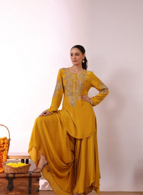 Embroidered Mustard Yellow Kurta with Drape Garara/Sharara