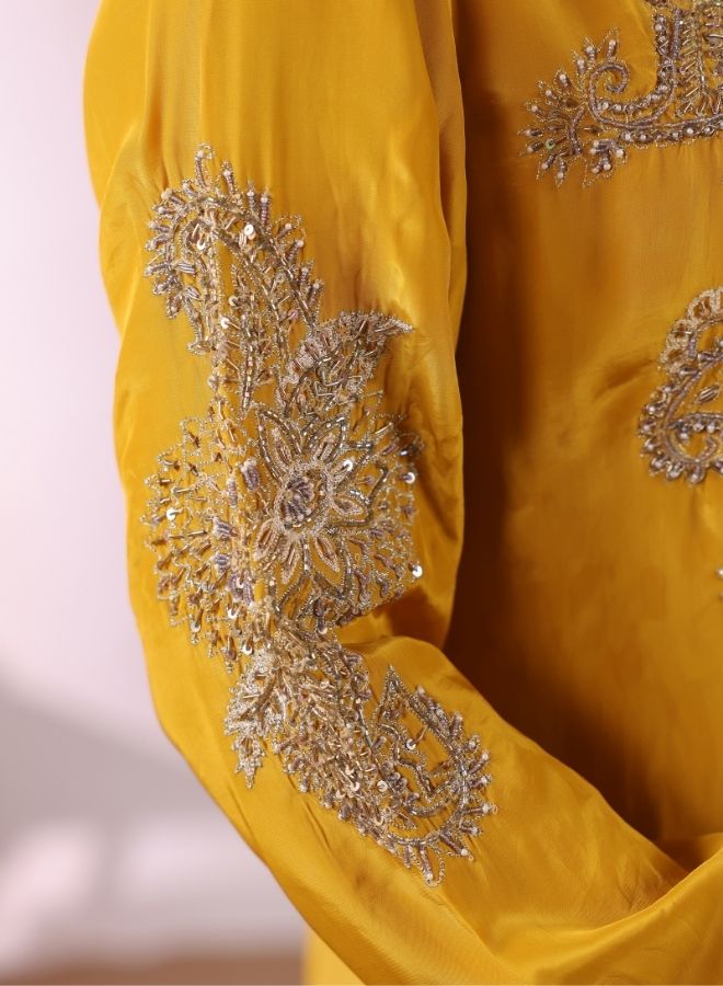 Embroidered Mustard Yellow Kurta with Drape Garara/Sharara