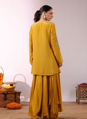 Embroidered Mustard Yellow Kurta with Drape Garara/Sharara