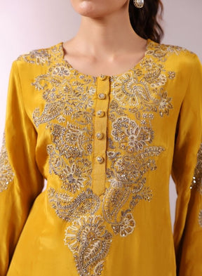 Embroidered Mustard Yellow Kurta with Drape Garara/Sharara