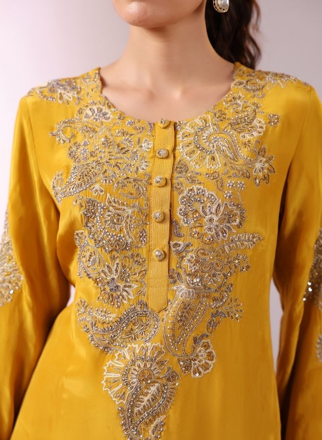 Embroidered Mustard Yellow Kurta with Drape Garara/Sharara
