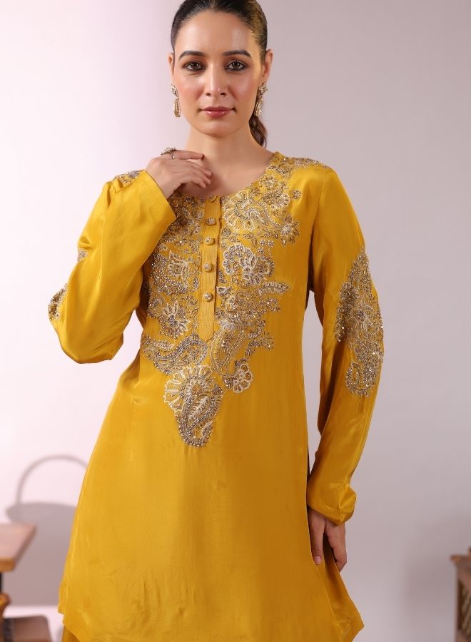 Embroidered Mustard Yellow Kurta with Drape Garara/Sharara