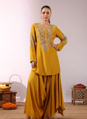 Embroidered Mustard Yellow Kurta with Drape Garara/Sharara