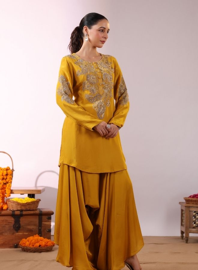 Embroidered Mustard Yellow Kurta with Drape Garara/Sharara