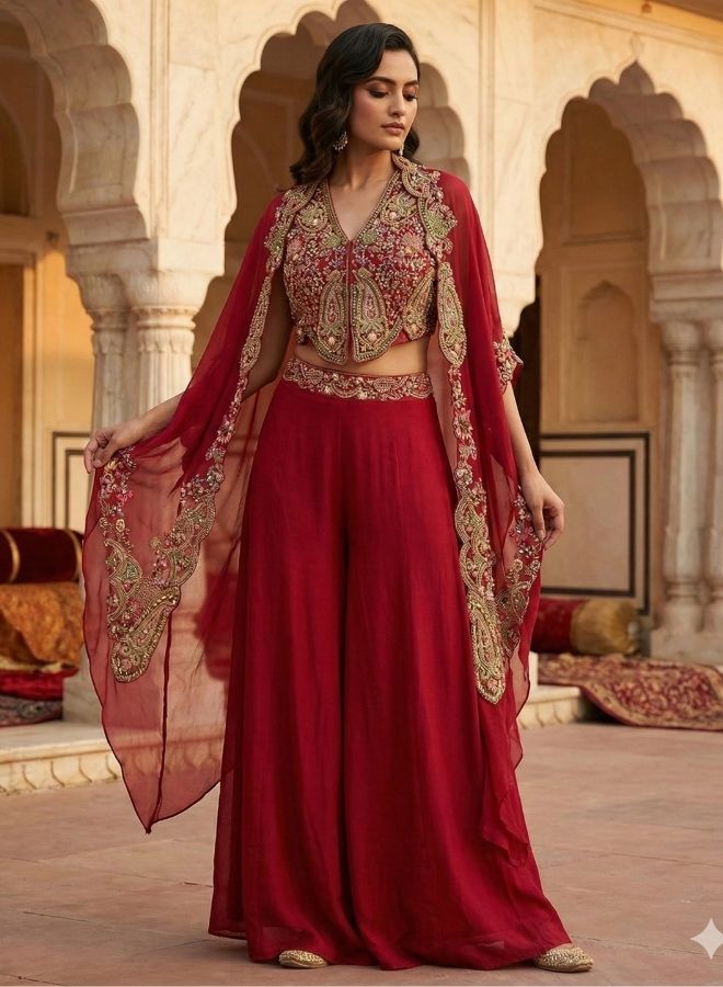 Wine Embroidered Cape Palazzo Set