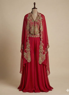 Wine Embroidered Cape Palazzo Set