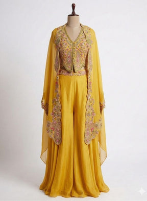 Yellow Embroidered Cape Palazzo Set
