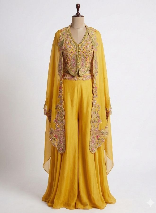 Yellow Embroidered Cape Palazzo Set