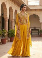 Yellow Embroidered Cape Palazzo Set